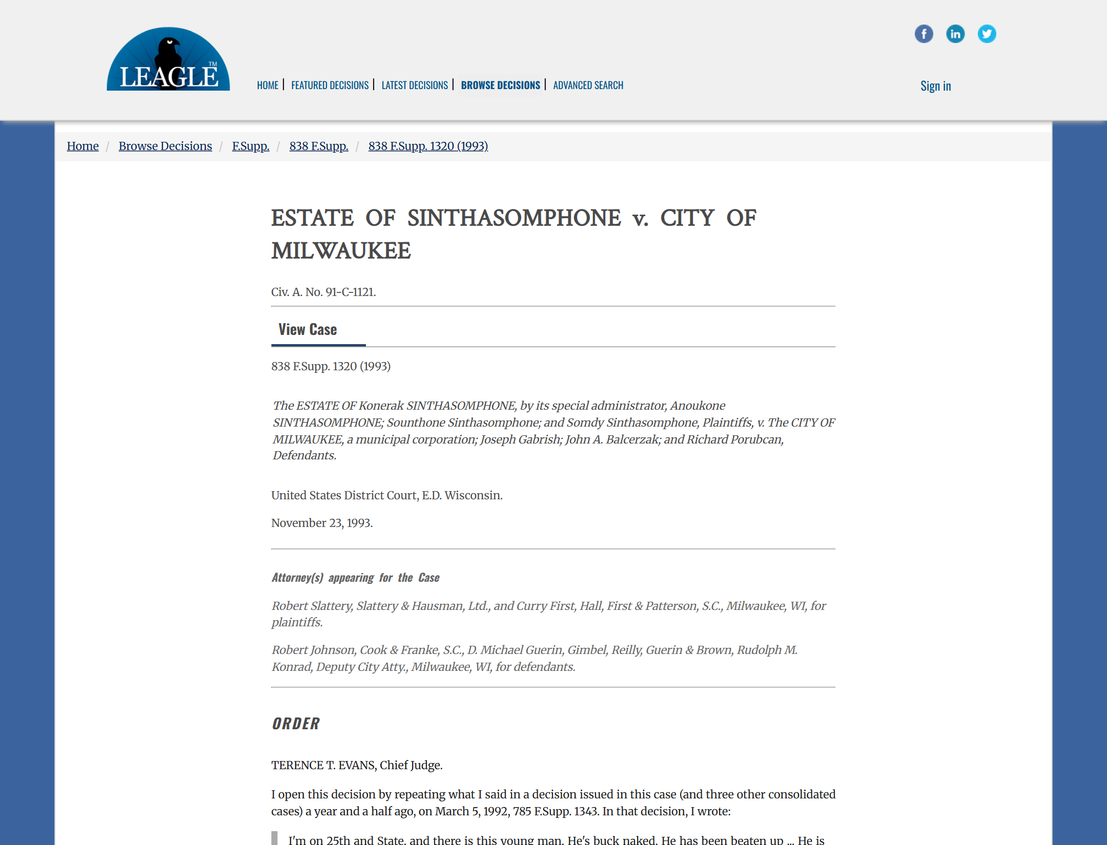 Federal decision in Estate of Sinthasomphone v. City of Milwaukee