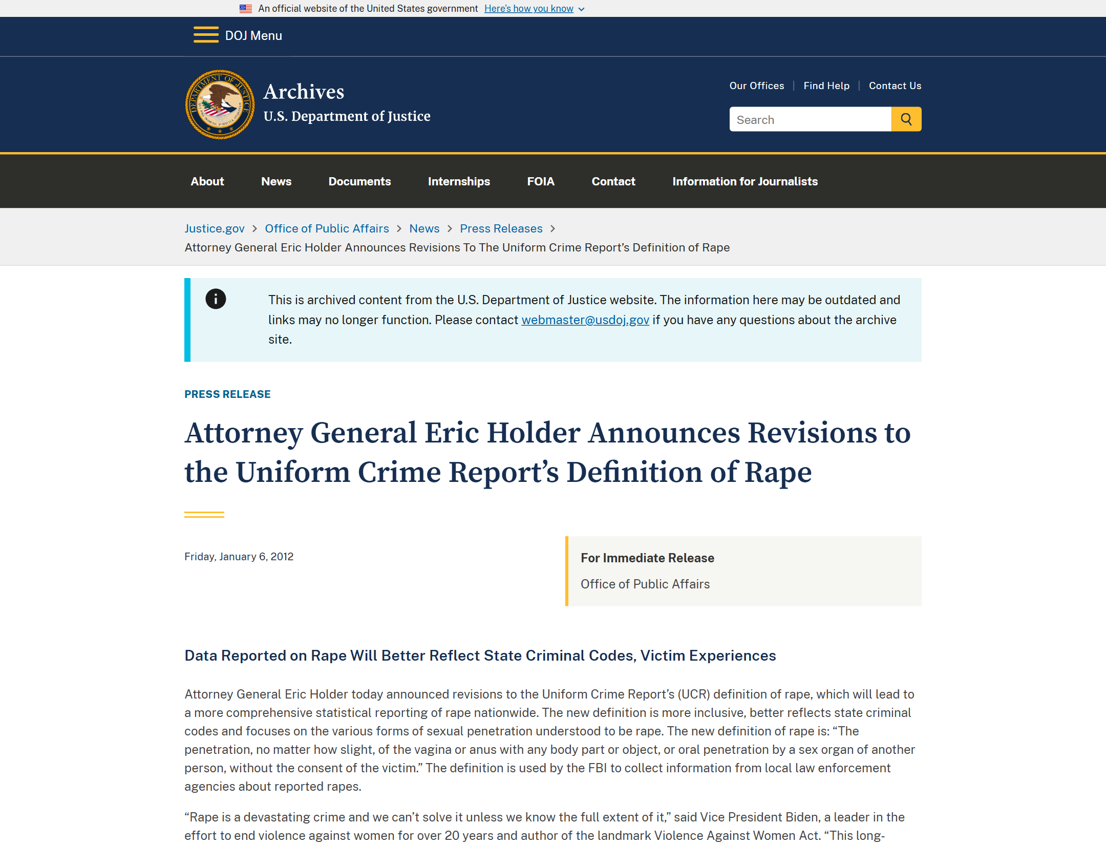 Justice Department announcement of revised federal rape definition