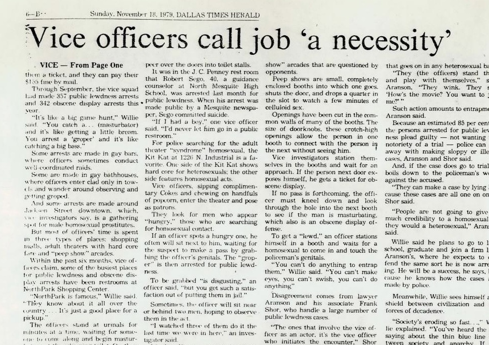 Cropped continuation page from the Dallas Times Herald article Vice officers call job a necessity.