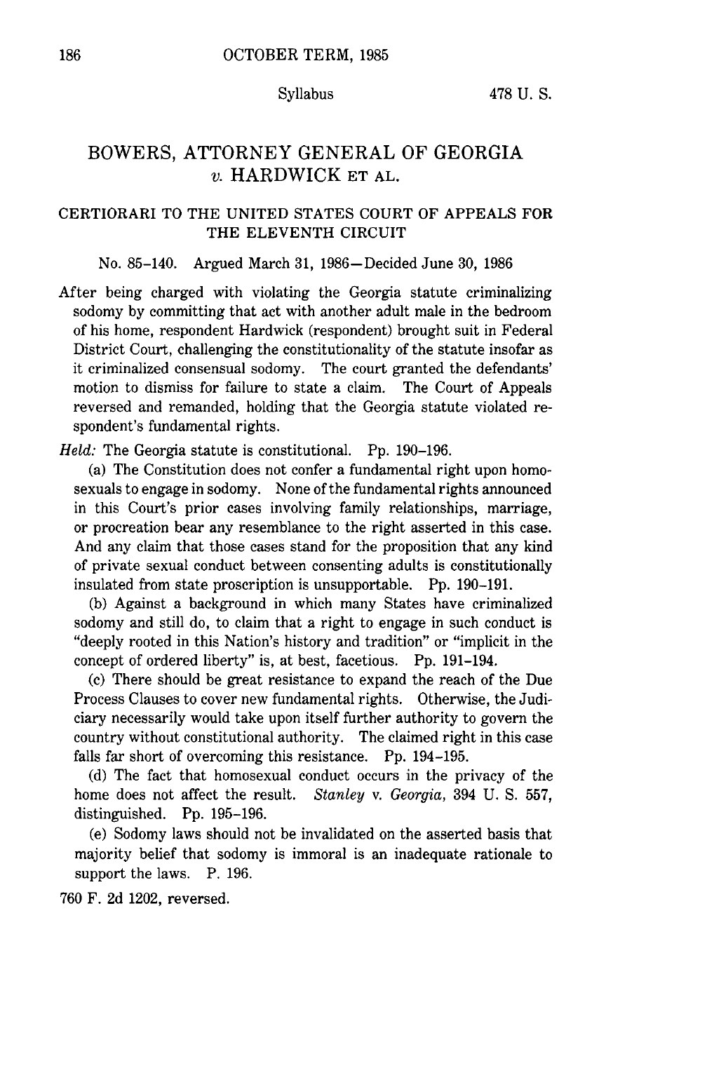 First page of the United States Reports decision in Bowers versus Hardwick from 1986.