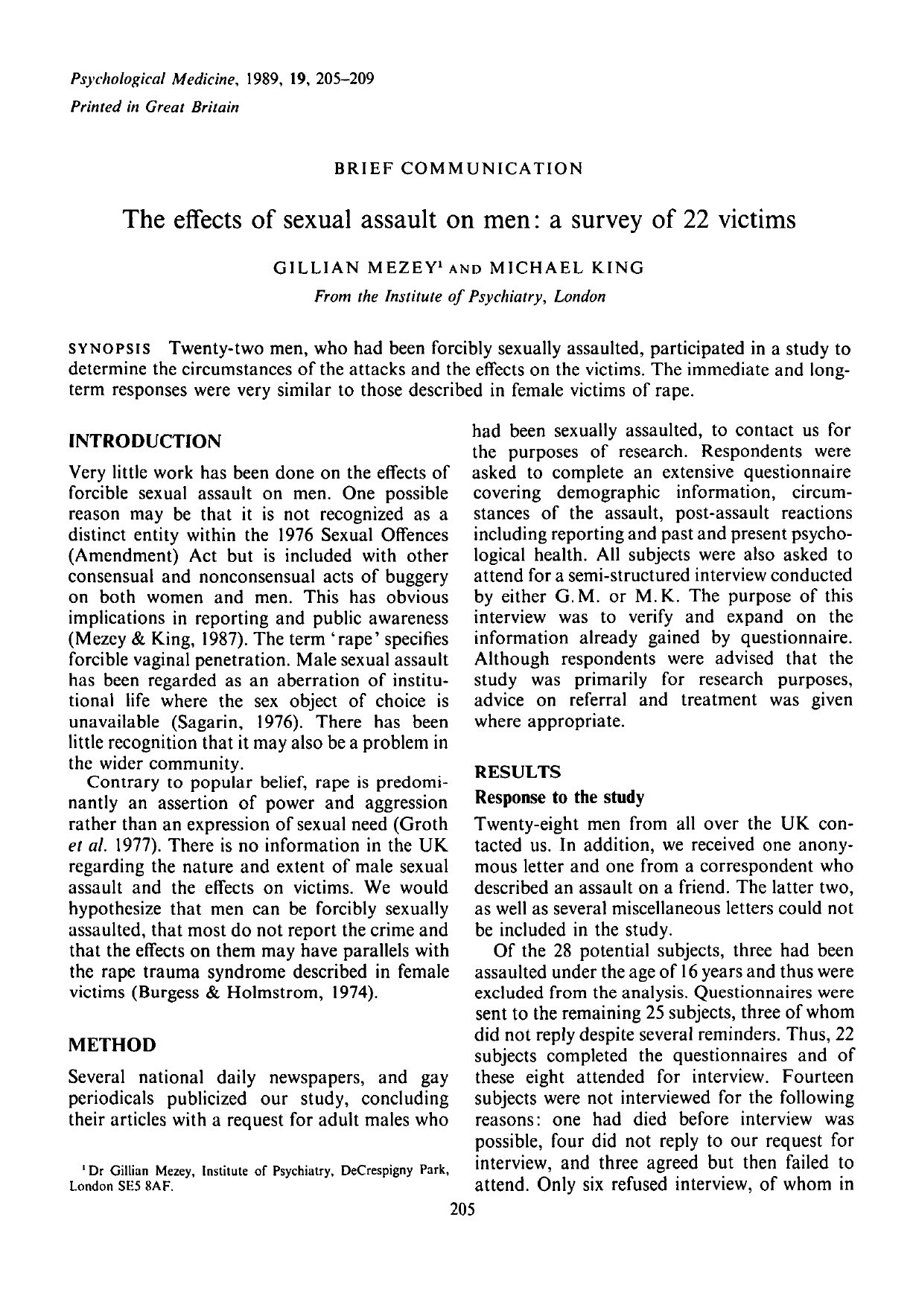 First page of Mezey and King’s 1989 study The Effects of Sexual Assault on Men.