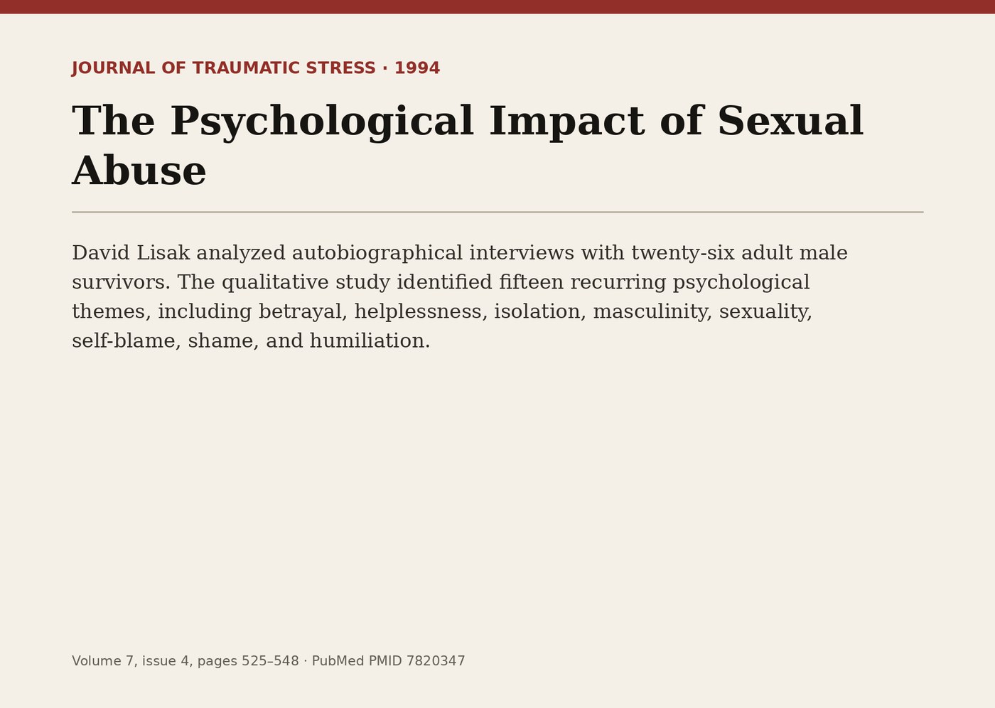Research card for David Lisak’s 1994 interview study involving twenty-six adult male survivors.